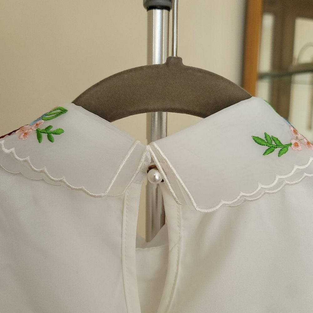 Floral Embroidered Detachable Collar Dickey White Scalloped Layering Piece - Picture 5 of 7